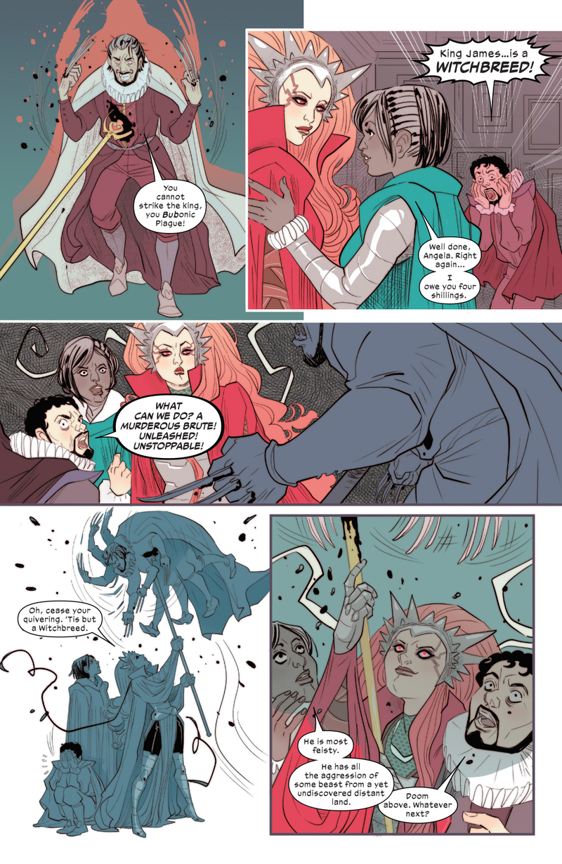 In the 1602 universe, Thor’s sister Angela and her lover Sera are reimagined as renowned hunters of the witchbreed.